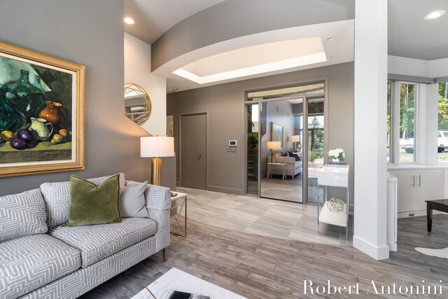 living room featuring light hardwood / wood-style flooring, a tray ceiling, and a skylight