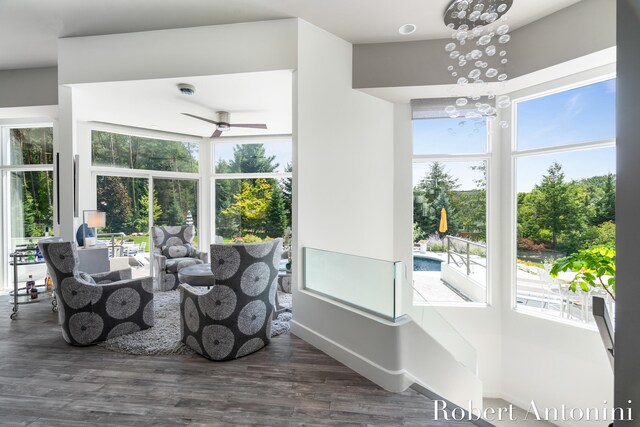 interior space featuring ceiling fan