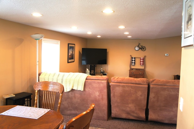 living room featuring carpet floors and a textured ceiling