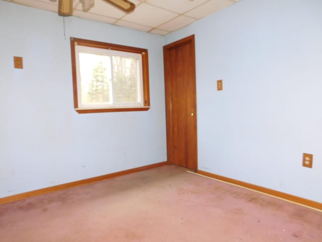 carpeted spare room with a paneled ceiling