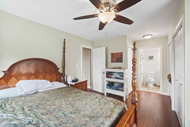 bedroom with dark hardwood / wood-style flooring, ceiling fan, and ensuite bathroom