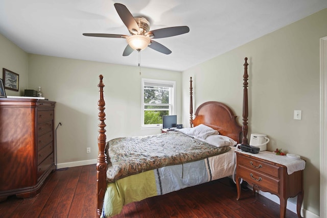 bedroom with dark hardwood / wood-style floors and ceiling fan