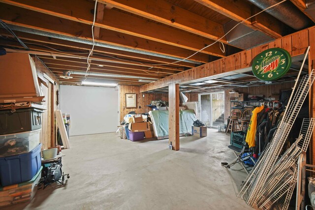 basement with wooden walls