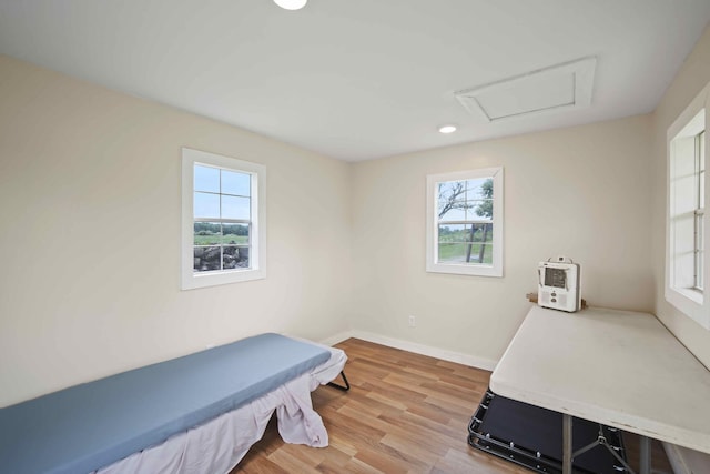 bedroom with multiple windows and hardwood / wood-style flooring