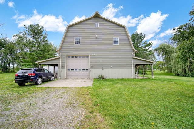 view of property exterior featuring a garage, a carport, and a lawn