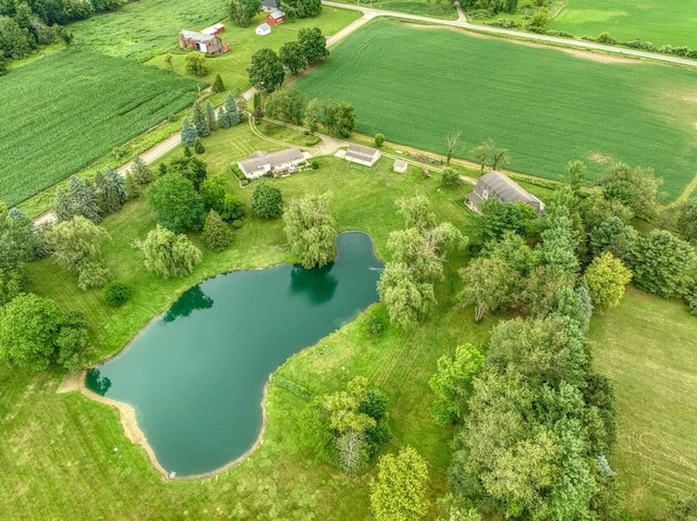 drone / aerial view featuring a rural view and a water view