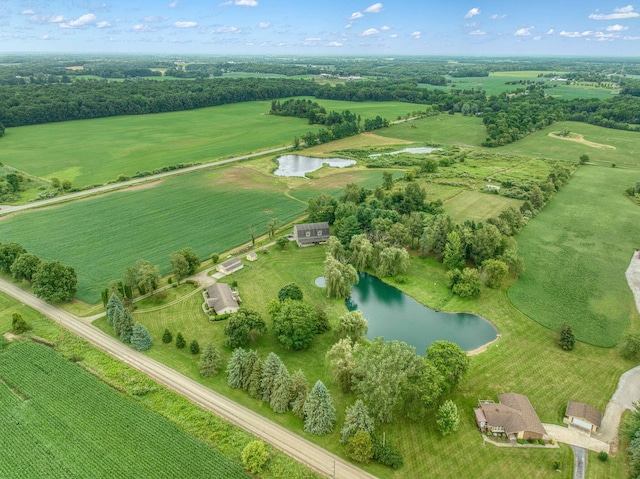 aerial view featuring a water view and a rural view