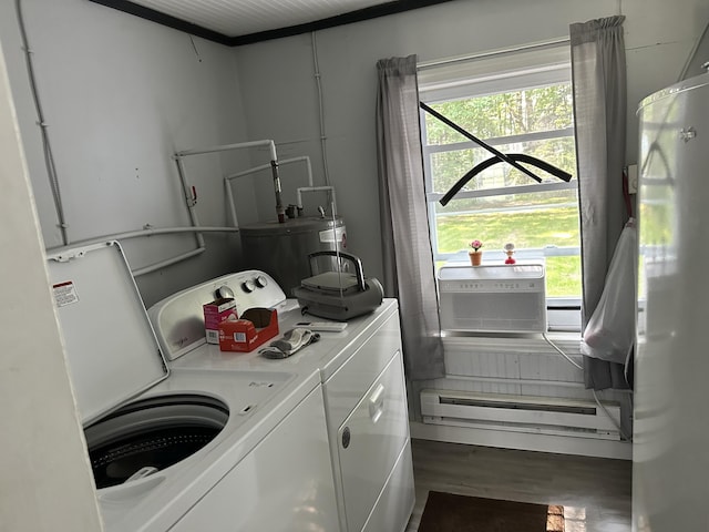 laundry room with cooling unit, hardwood / wood-style floors, electric water heater, and washer and dryer