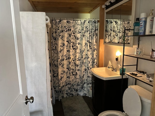 bathroom featuring curtained shower, tile patterned flooring, vanity, toilet, and wooden ceiling