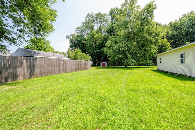 view of yard featuring a storage unit