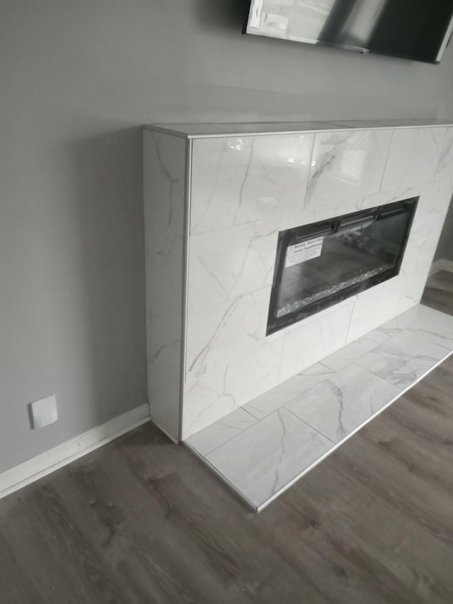 room details with a tile fireplace and hardwood / wood-style flooring