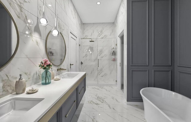 bathroom with vanity, plus walk in shower, and tile walls