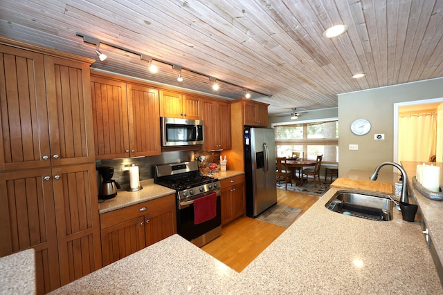 kitchen featuring light wood-type flooring, wood ceiling, stainless steel appliances, sink, and ceiling fan