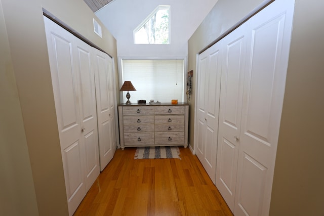 walk in closet featuring lofted ceiling and light hardwood / wood-style flooring