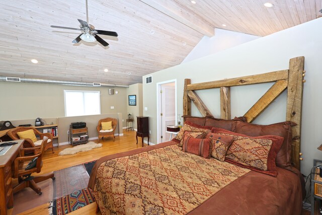 bedroom featuring ceiling fan, vaulted ceiling with beams, wood-type flooring, and wooden ceiling