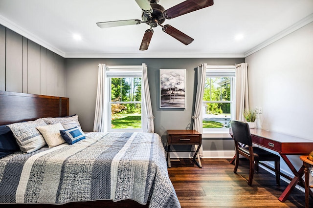 bedroom with multiple windows, dark hardwood / wood-style flooring, ornamental molding, and ceiling fan