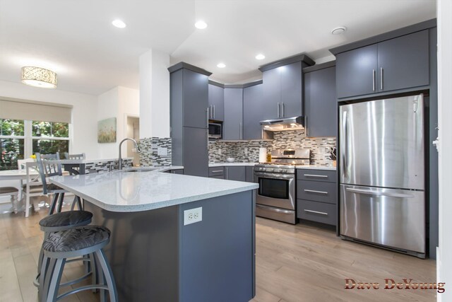 kitchen with stainless steel appliances, light hardwood / wood-style floors, a breakfast bar, and tasteful backsplash