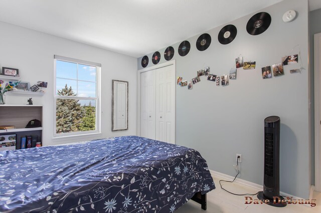 bedroom with hardwood / wood-style flooring and a closet