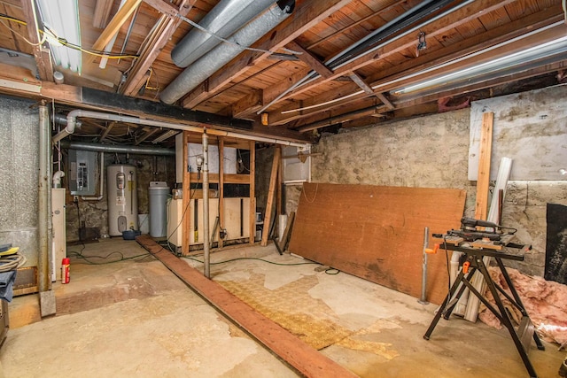 basement featuring electric panel and electric water heater