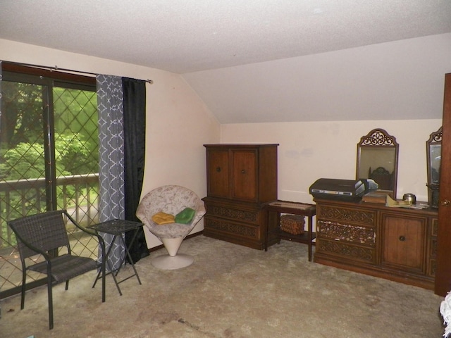 carpeted bedroom featuring lofted ceiling