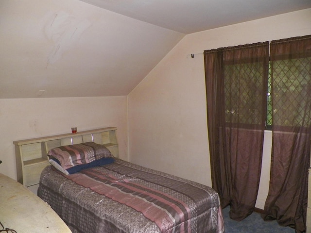 bedroom with lofted ceiling and carpet