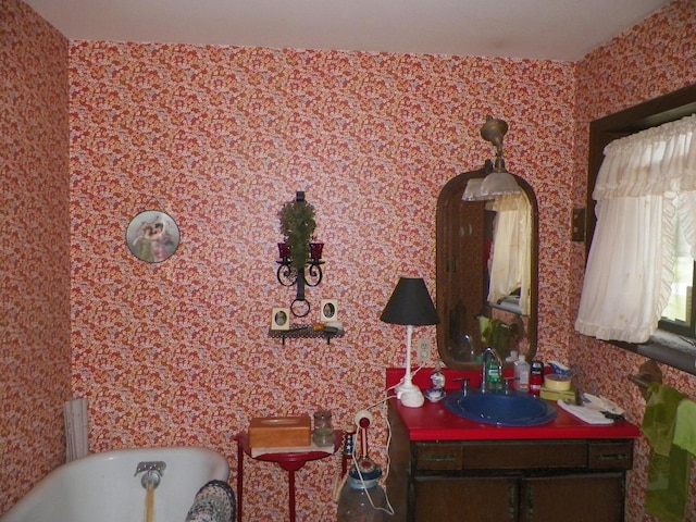 bathroom featuring vanity and a washtub