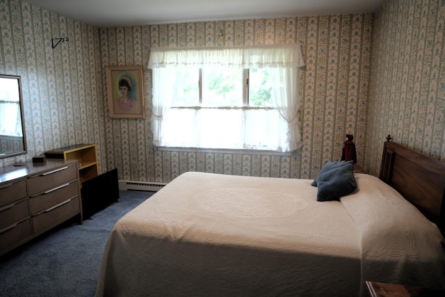 carpeted bedroom featuring multiple windows and a baseboard radiator