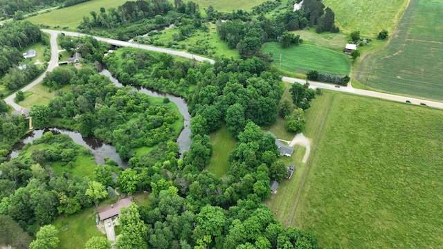 birds eye view of property with a water view and a rural view