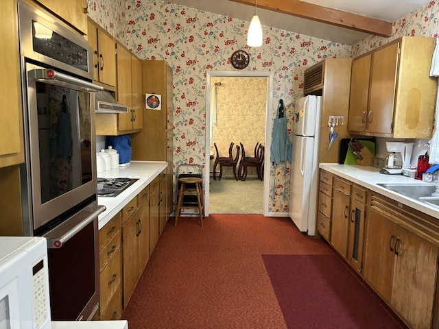 kitchen with pendant lighting, ventilation hood, sink, dark carpet, and stainless steel appliances