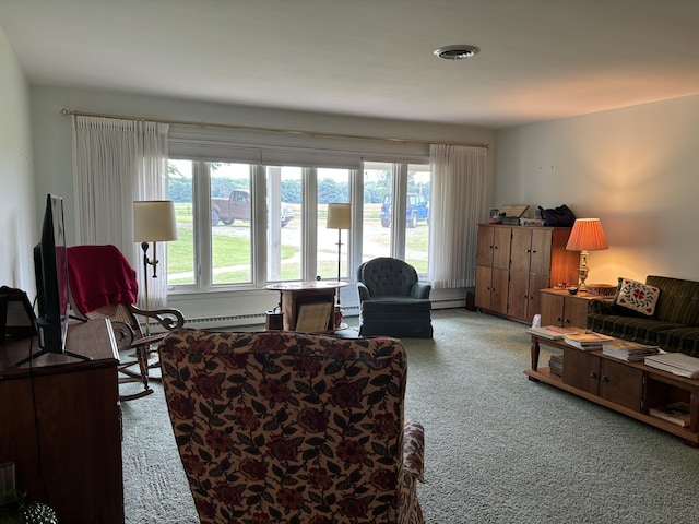 carpeted living room with a baseboard radiator and plenty of natural light