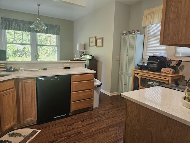 kitchen with pendant lighting, dark hardwood / wood-style flooring, and black dishwasher