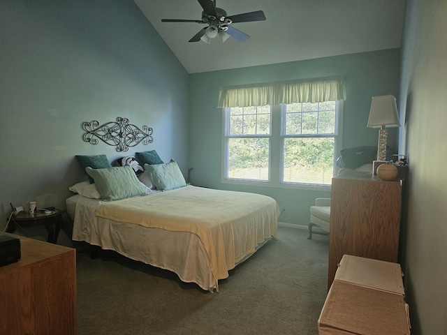 bedroom with vaulted ceiling, carpet floors, and ceiling fan