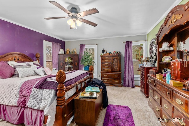 carpeted bedroom with ornamental molding, multiple windows, and ceiling fan