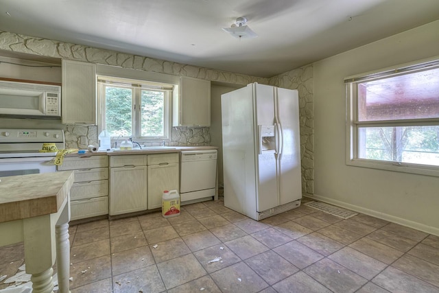 kitchen with sink, white appliances, and decorative backsplash