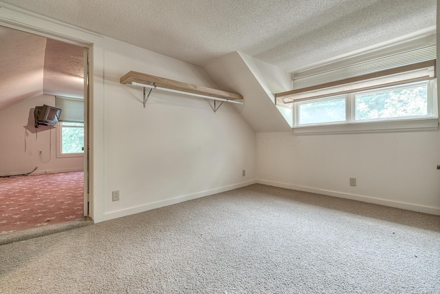 additional living space featuring lofted ceiling, carpet flooring, and a textured ceiling