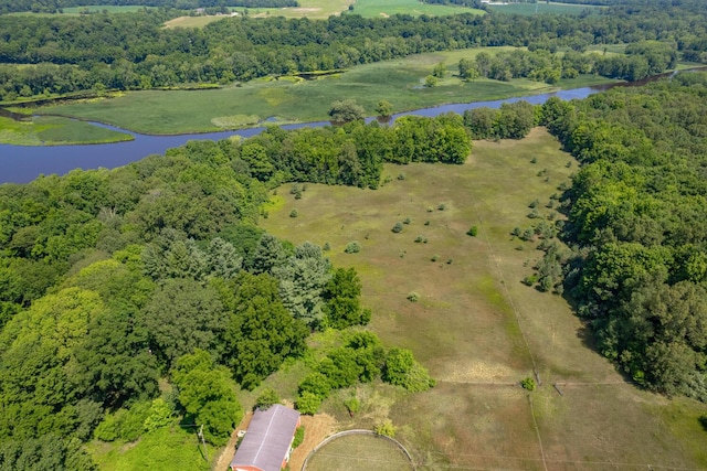 bird's eye view featuring a water view and a rural view