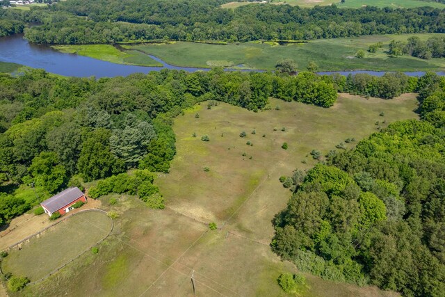 bird's eye view featuring a rural view and a water view