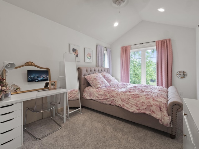 bedroom featuring lofted ceiling, recessed lighting, and light carpet