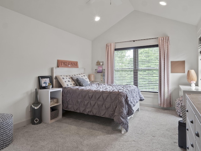 bedroom featuring baseboards, recessed lighting, ceiling fan, vaulted ceiling, and carpet flooring