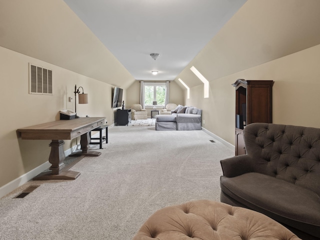 living area featuring vaulted ceiling, carpet, visible vents, and baseboards