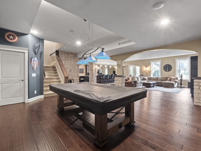 recreation room with pool table, dark wood-style floors, visible vents, and arched walkways