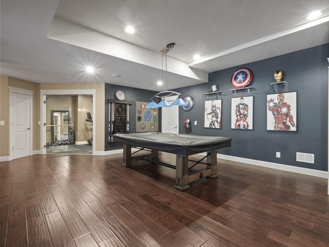 recreation room with visible vents, billiards, baseboards, and wood finished floors