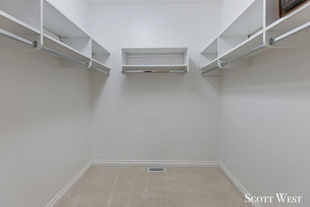 walk in closet with light carpet