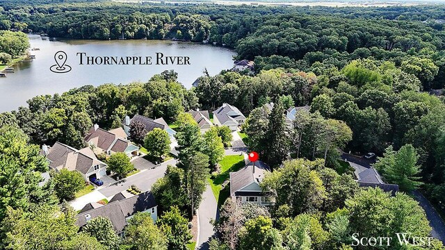 drone / aerial view featuring a water view