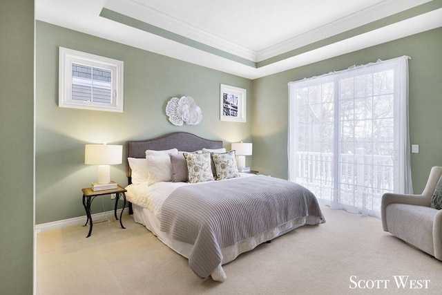 carpeted bedroom with a raised ceiling and crown molding