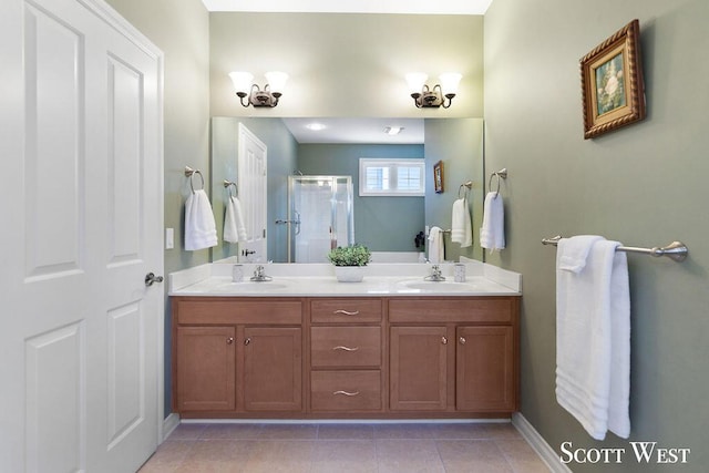 bathroom with tile patterned flooring, vanity, and an enclosed shower