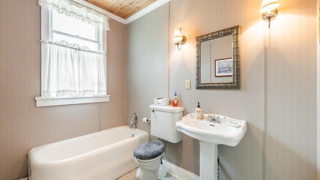 bathroom featuring toilet, wooden ceiling, crown molding, and a bathing tub