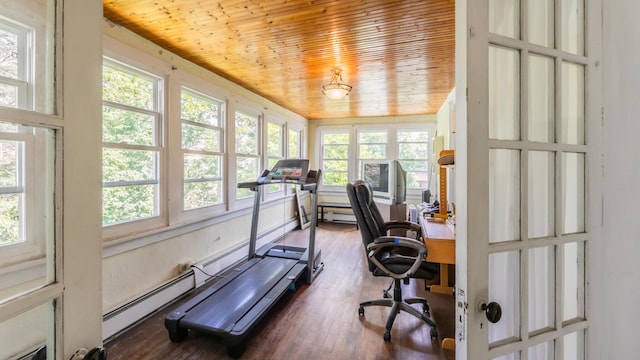 exercise room featuring lofted ceiling, dark hardwood / wood-style flooring, wood ceiling, and a baseboard radiator