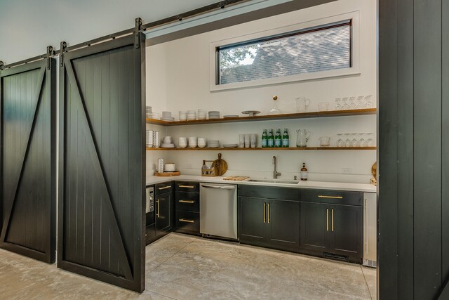 15963 Lakeshore Rd, Union Pier, MI 49129 - bar featuring bar area, a barn door, dishwasher, and a sink