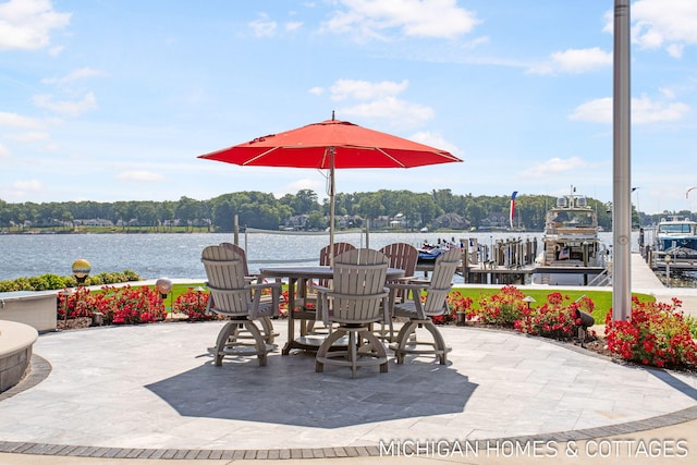 view of patio with a water view